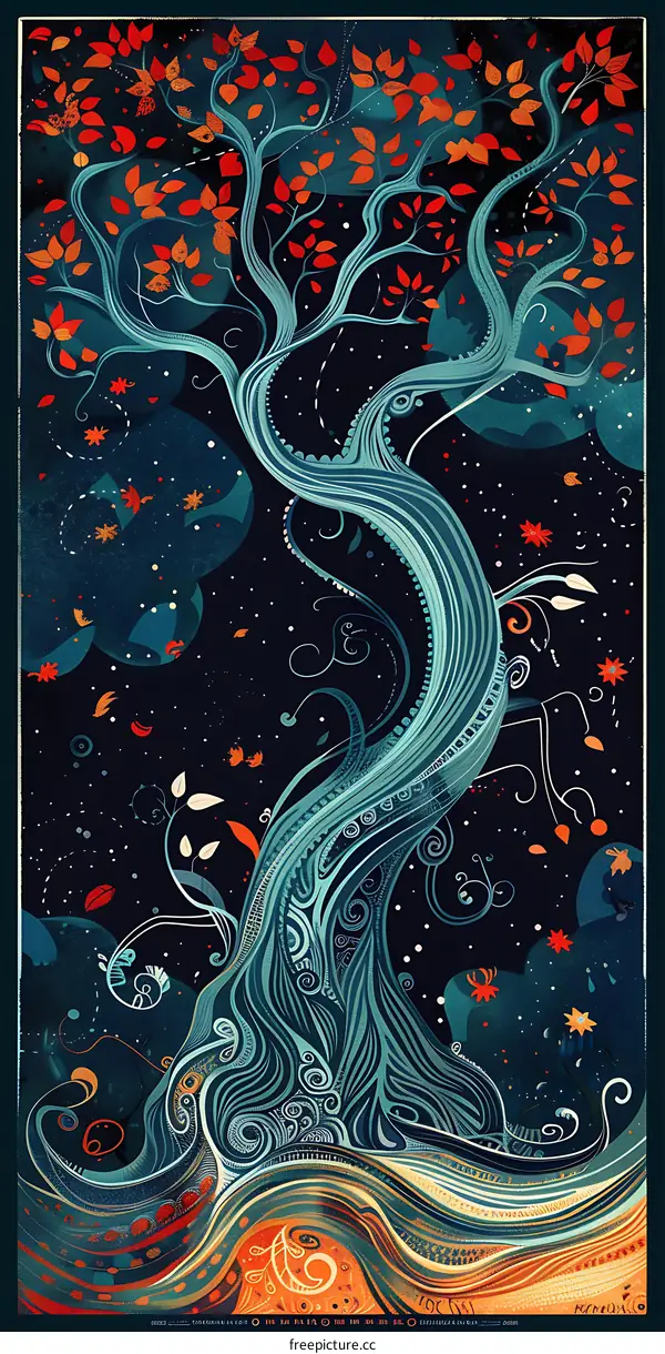 Abstract Art Illustration Of A Blue Tree With Orange Leaves