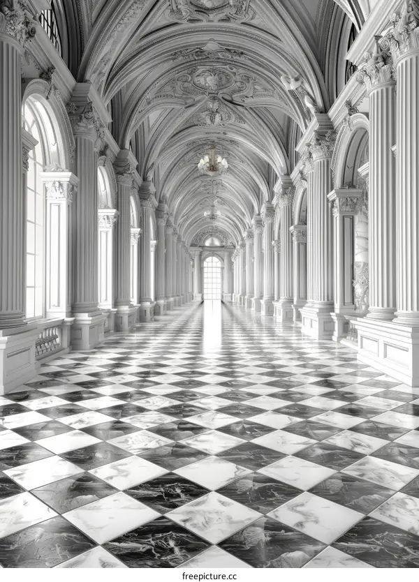 Black and White Checkered Marble Floor Tiles in an Ornate Hallway