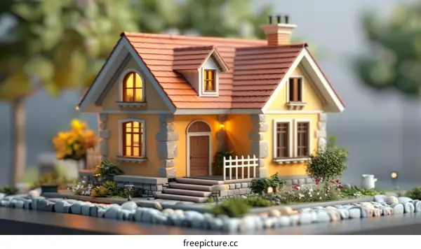 Detailed Miniature Model House with Red Roof and Yellow Walls