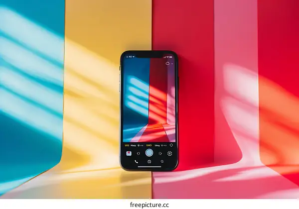 Smartphone on Colorful Background With Light and Shadows