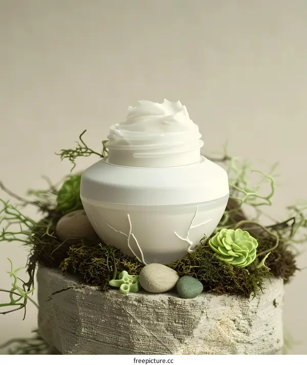 White Cream Jar on Mossy Base with Succulents
