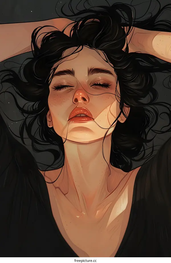 portrait of a woman with long black hair and freckles