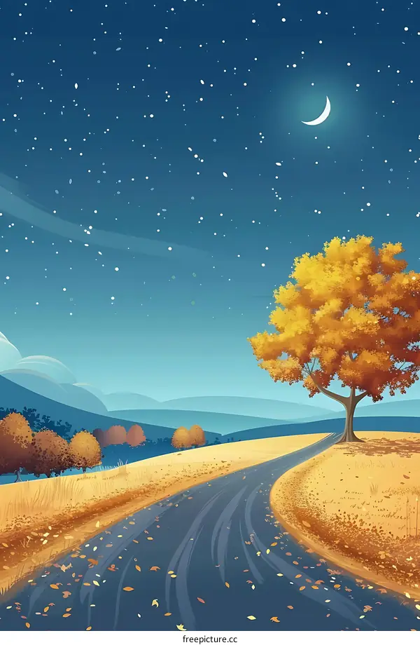 Autumn Night with Stars and Crescent Moon