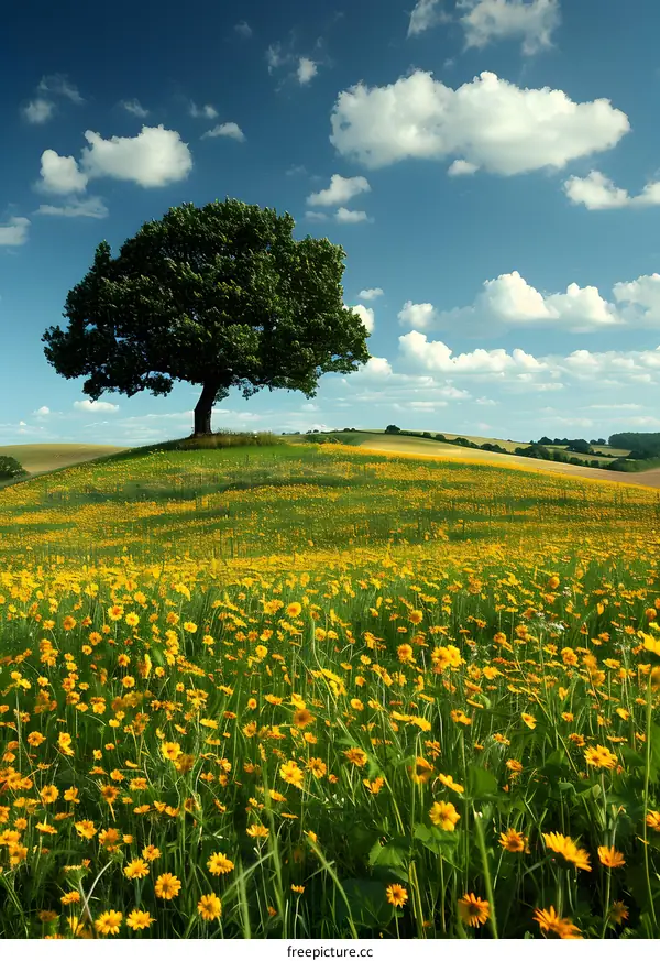Lonely Tree on a Hillside in a Field of Yellow Flowers