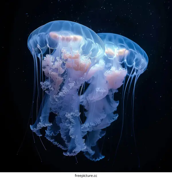 A Pair of Bioluminescent Jellyfish with Pink Accents