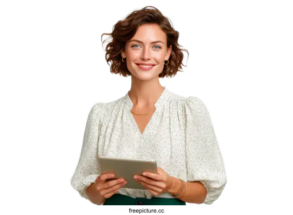 [Transparent Background PNG]Smiling Woman Holding Tablet, Business Professional
