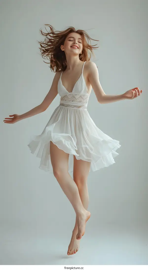 A barefoot woman in a white dress is dancing happily