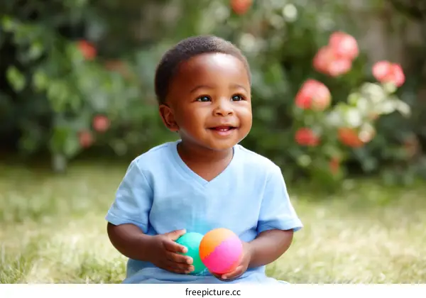 Smiling Baby with Colorful Balls in a Garden