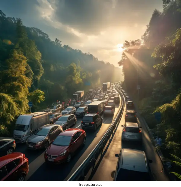 Traffic jam on a highway with a beautiful sunset in the background