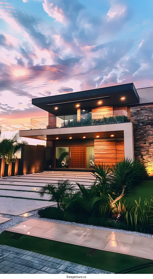 Modern Home with Stone and Wood Facade Under a Pink Sky