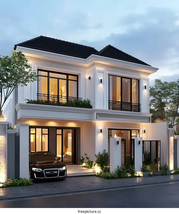 Modern White Two Story House Design with Black Roof and Car in Front