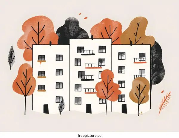Autumn Illustration of Apartment Building with Trees