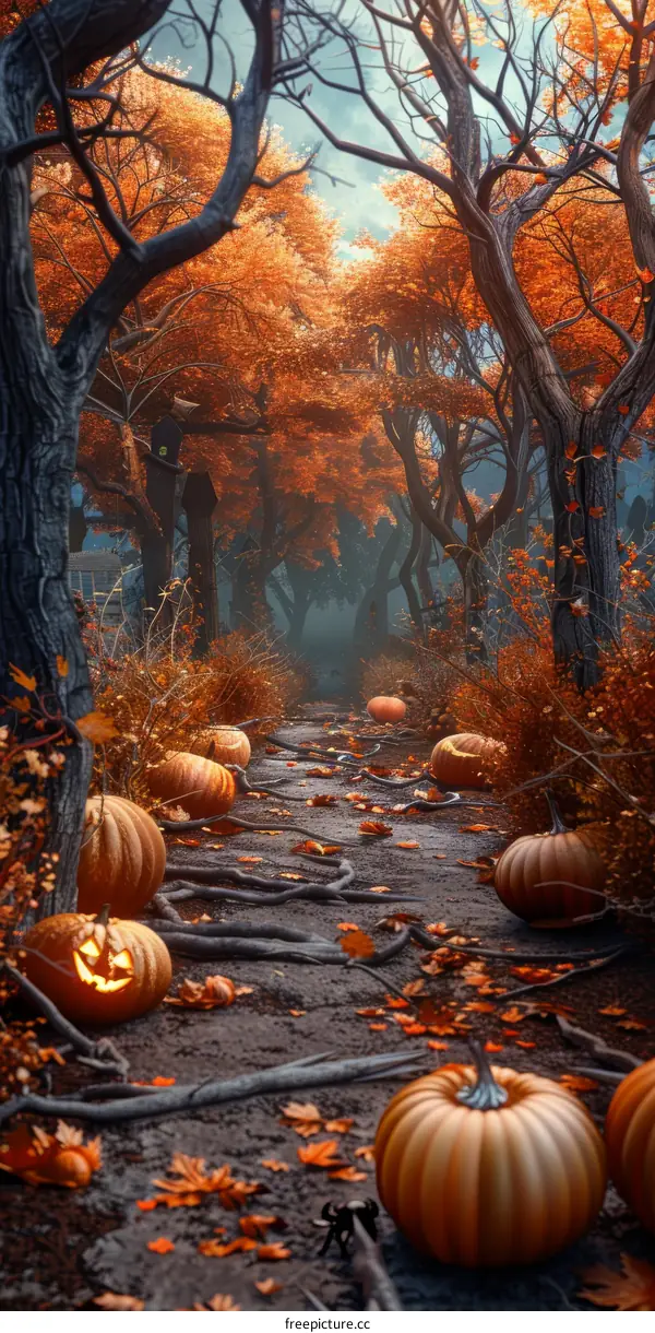 Spooky Autumn Path with Carved Pumpkins on Halloween Night