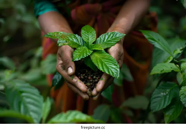 An Indian woman holds a handful of coffee beans and a coffee plant in her hands