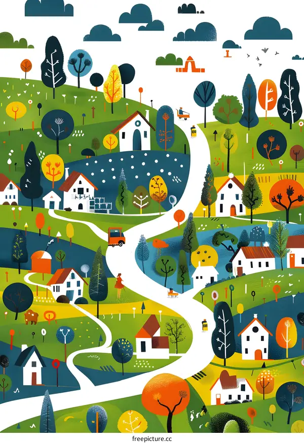Colorful Illustration of a Winding Road Through a Village