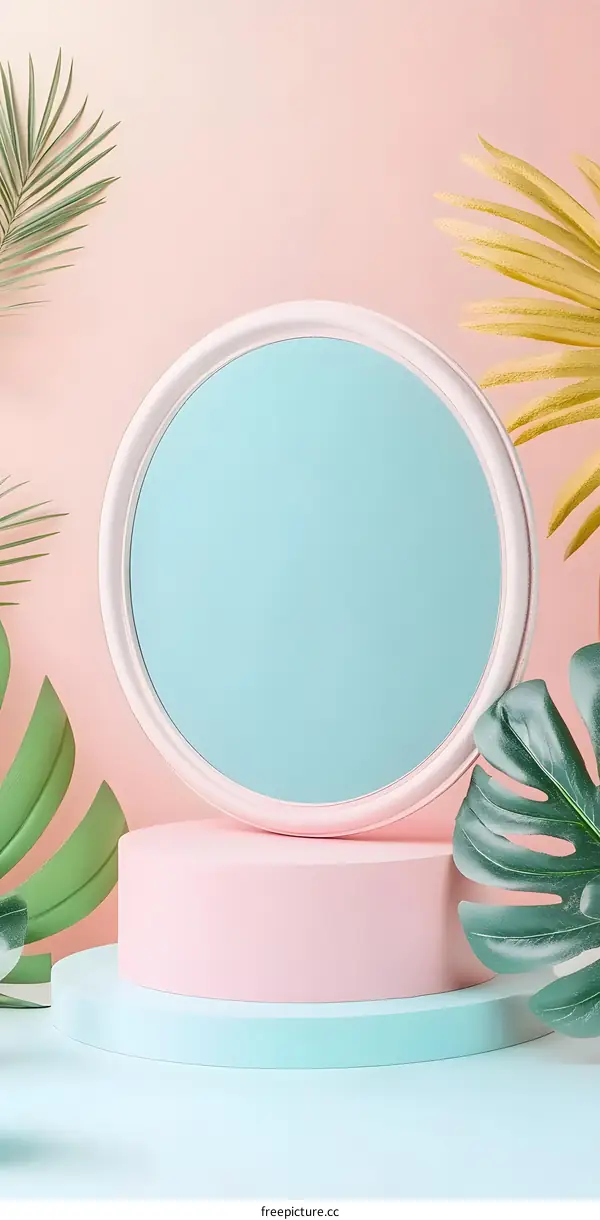 Pastel Color Background With Tropical Leaves and Circle Frame