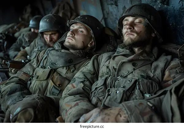 World War II Soldiers Resting in a Bunker