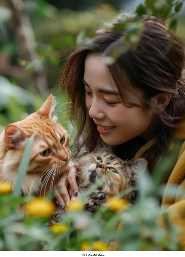 A young woman is petting two cats in the garden.