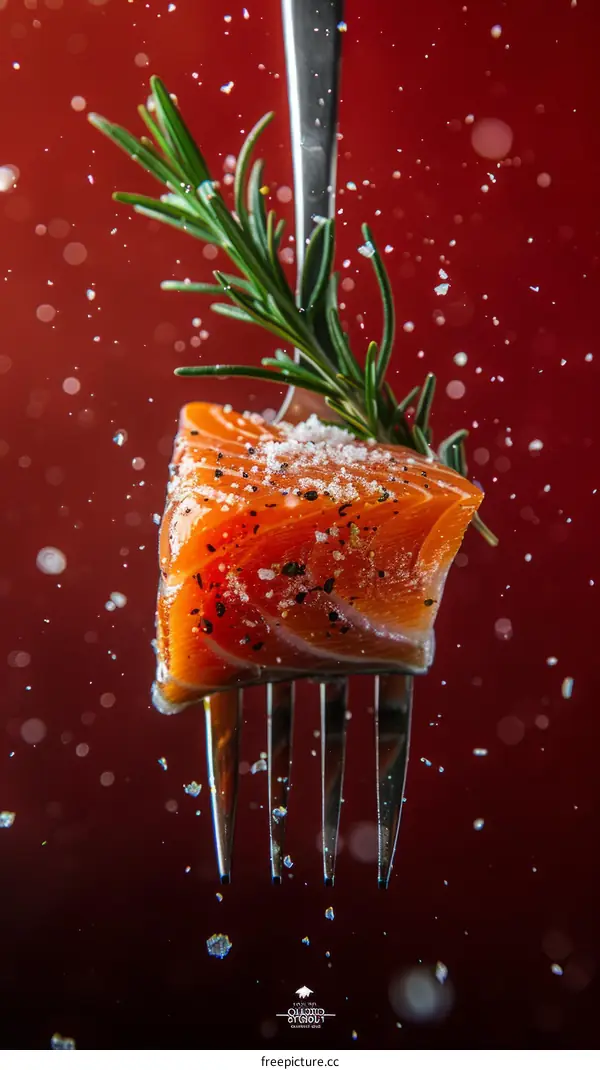 A fork with a piece of salmon garnished with rosemary
