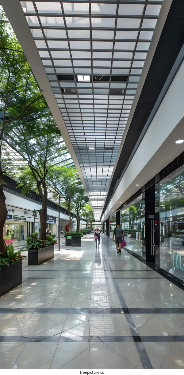 Modern Glass Ceiling Shopping Mall Interior with Greenery and People Walking