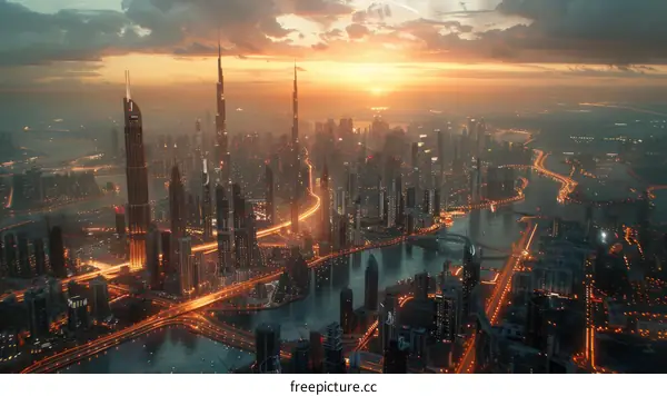 Dubai Cityscape at Sunset Artistic Illustration