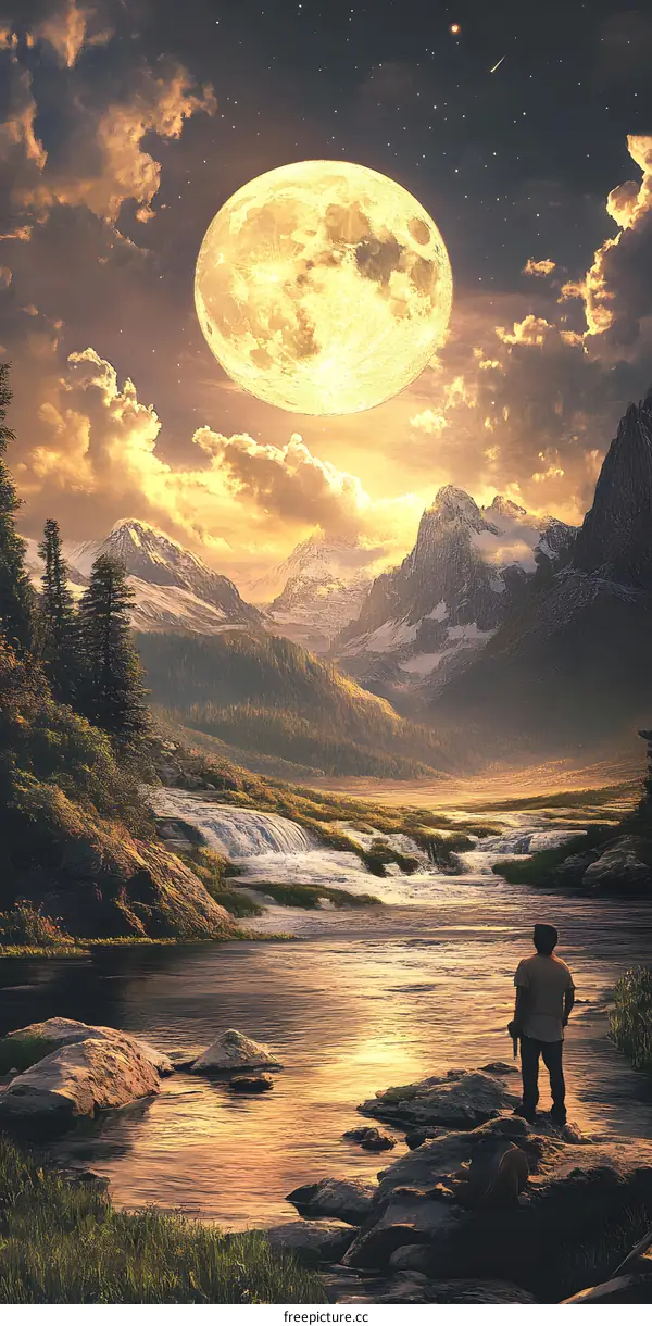 Man Standing By Lake with Full Moon and Mountains in Background