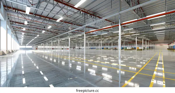Empty Industrial Building With Concrete Floor and Yellow Lines