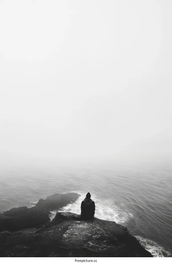 Man sits on the edge of a cliff overlooking a foggy sea