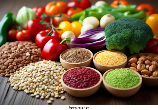 A variety of fresh vegetables and grains