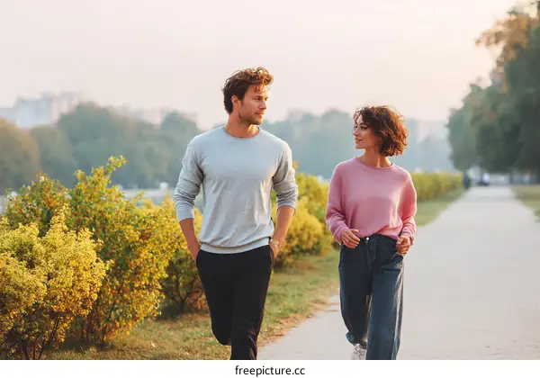 Couple Walking in Autumn Park