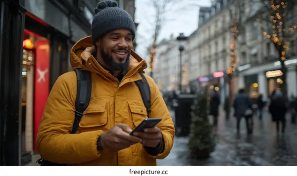 Urban Street Scene with Man Using Smartphone
