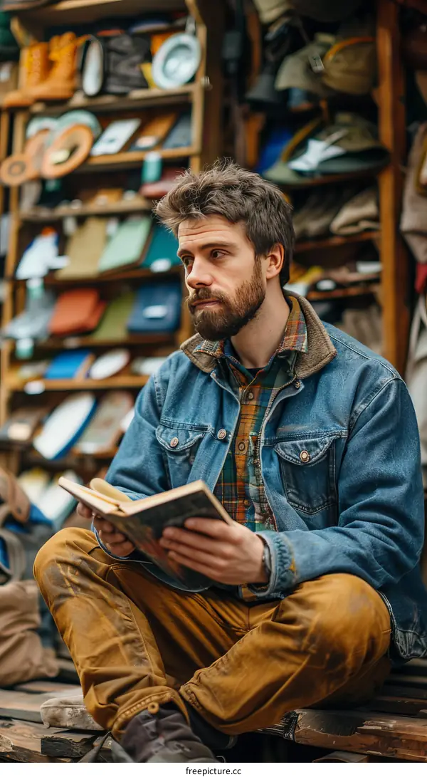 pensive man reading a book in a library