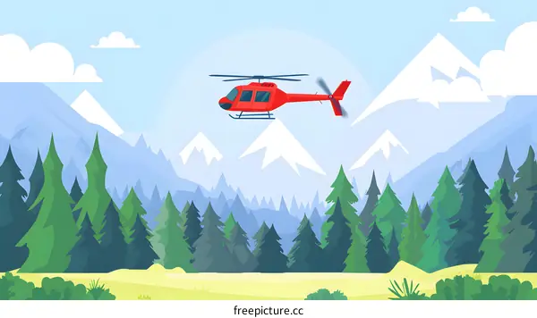 Red Helicopter Flying Over Mountains and Forest