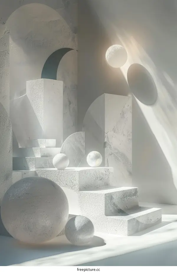 3D White geometric abstract scene with spheres and cubes