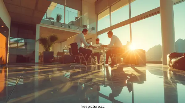 Three business people having a meeting in a modern office with large windows