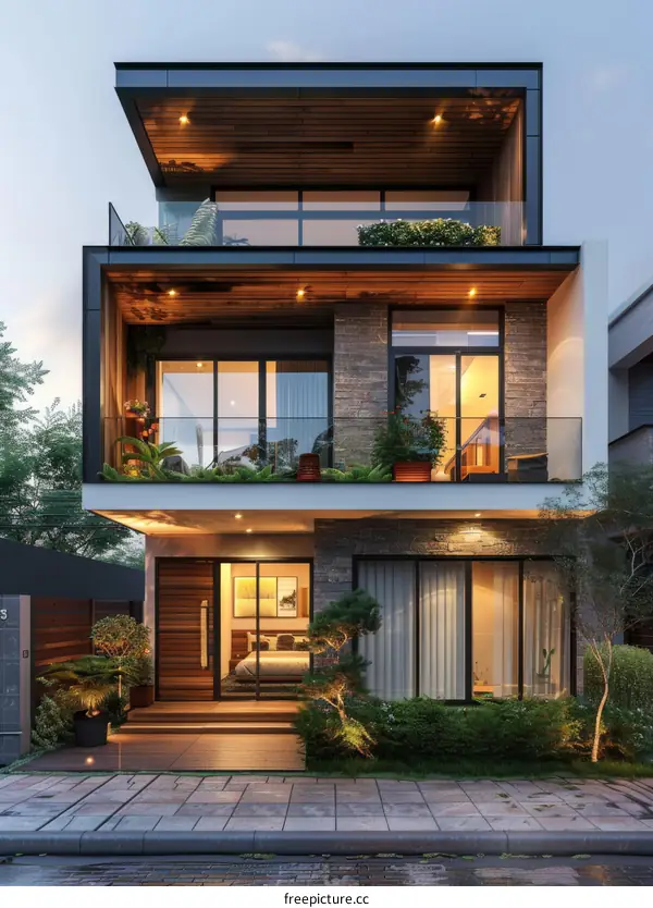 A modern two-story house with a flat roof and a balcony