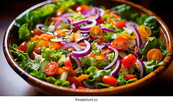 Salad with lettuce, tomato, cucumber, carrot, and onion