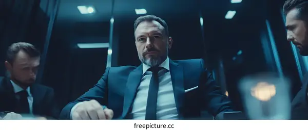 Confident Businessman Leading a Meeting in a Dark Office