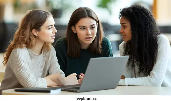 Three Diverse Women Collaborating on a Laptop