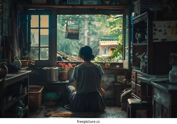 A woman is sitting on the floor in a room with a window.