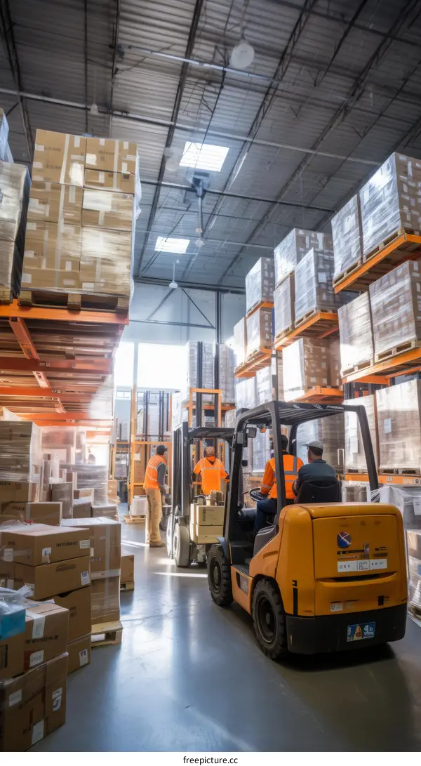 Warehouse workers in a modern warehouse with forklifts