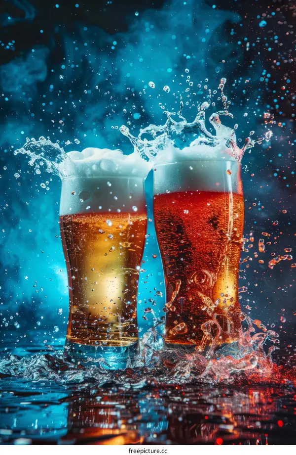 Beer glasses with splashing beer