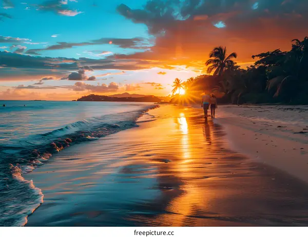 Couple Walking on Beach at Sunset