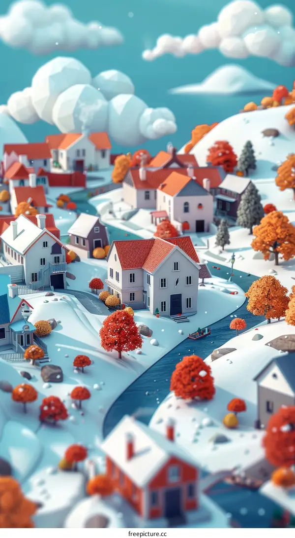 3D illustration of a snowy village in the valley