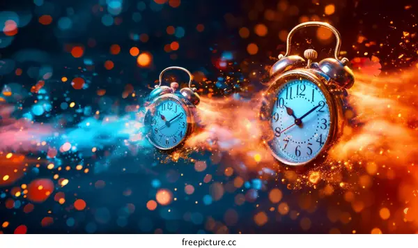 Two vintage alarm clocks with glowing particles