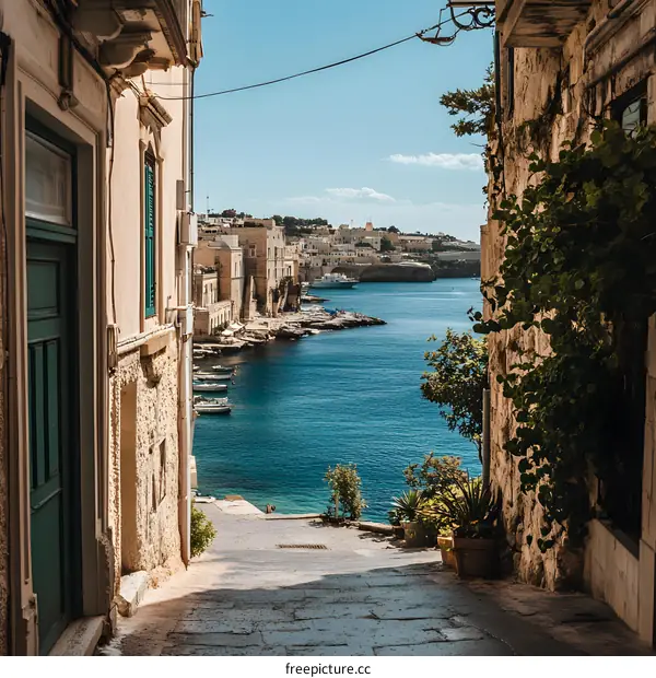 Narrow Street View with Blue Sea in the Distance