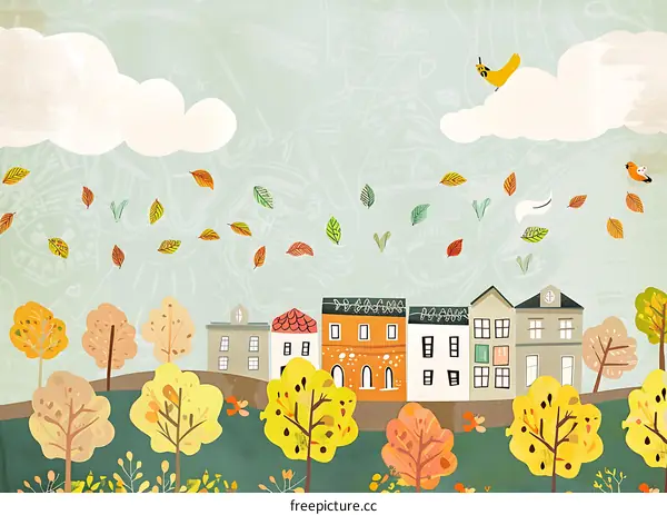 Cute Illustration of Autumn Leaves Falling on Houses