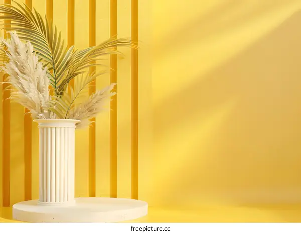 Yellow Background with White Column and Pampas Grass