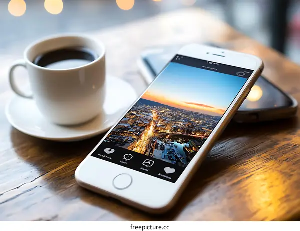 Smartphone Displaying Night Cityscape On Wooden Table With Cup Of Coffee