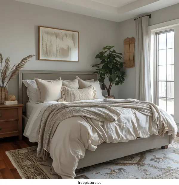 A cozy bedroom with a neutral color palette